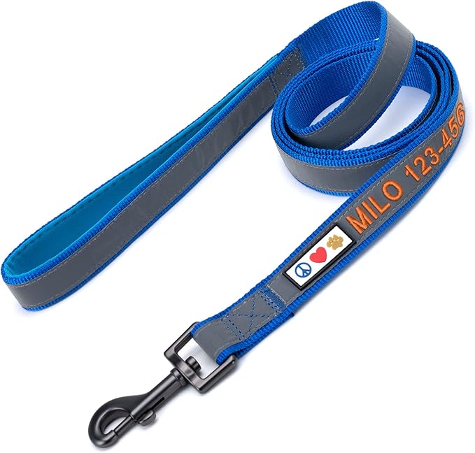 Pawtitas Personalized Dog Leash Embroidered Customize Your Pet Name & Phone Number Puppy Reflective 6 ft Long Small Blue Custom Tag Name, Blue Reflective 🔦 Padded