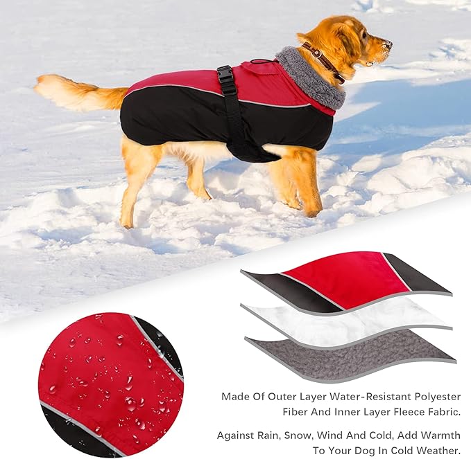 IDOMIK Dog Winter Coat, Reflective Waterproof Dog Jacket for Cold Weather, Warm Pet Coats for Small Medium Large Dogs, High Collar Doggy Fleece Snow Jacket, Winter Vest with Adjustable Buckle,3XL