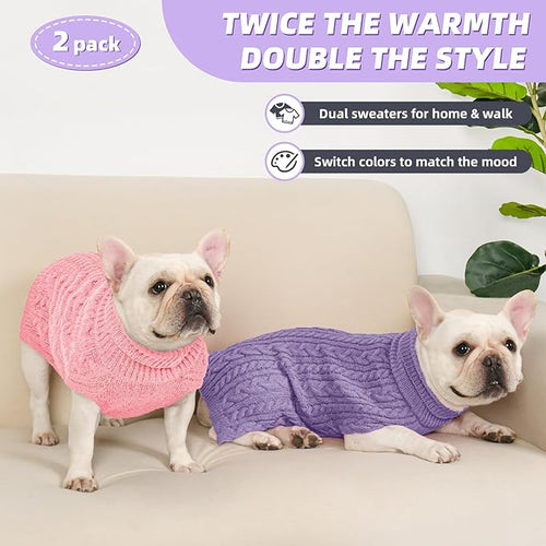 2 Pack Dog Sweaters for Medium Dogs Turtleneck Pullover Cable Knit Stretch Clothes French Bulldog Dachshund Boston Terrier Corgi Beagle Pug Boy Girl Pets Winter Clothes (M, Pink & Purple)
