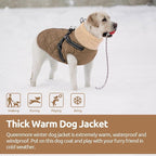Queenmore Dog Jackets for Large Dogs, Dog Coat with Harness Built-in, Thick Fleece Lining Waterproof Jacket for Large Breeds, Back Zipper Pet Winter Jacket for Retriever, Labrador, Brown XL