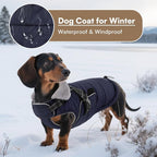 Queenmore Small Winter Dog Coat with Harness Built-in, Waterproof Winter Jackets for Small Dogs, Puppy Warm Puffer Jacket for Snow/Cold Weather - Fleece Reflective Easy On Velcro Closure, Navy S