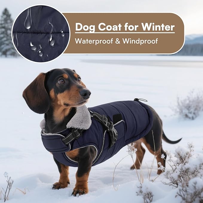 Queenmore Winter Dog Jackets for Extra Large Dogs with Harness Built-in, Waterproof Puffer Coat for Large Breed, Pet Snow Jacket for Winter/Cold Weather - Fleece Easy On Reflective, Navy XL