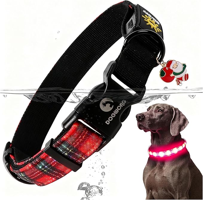DOGWONG LED Dog Collar - Christmas Red Plaid Heavy Duty Light up Dog Collars - Rechargeable Waterproof - Lighted Dog Collars for Night Walking, Hiking, Camping(Red Plaid,L)
