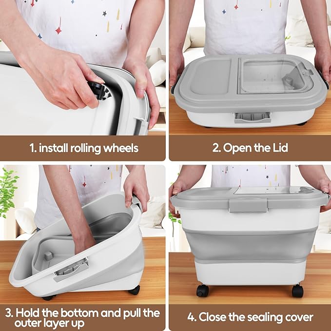 ShineMe 20Lbs Collapsible Pet Food Storage Container with Airtight Lid, Dog Food Storage Container with Measuring Scoop and Cup, Wheels & Handle for Easy Moving, Keep Dry Food Fresh (Grey)