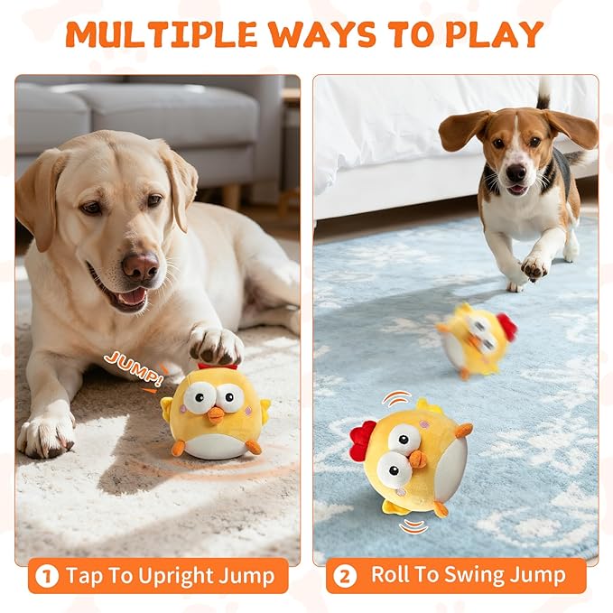 Interactive Dog Toy Ball, Rechargeable Jumping Plush Toy with Motion Activation for Small Large Dogs, Squeaky Moving Bouncing Ball for Pets Keep Busy Reduce Boredom, No Loud Music (Chicken)