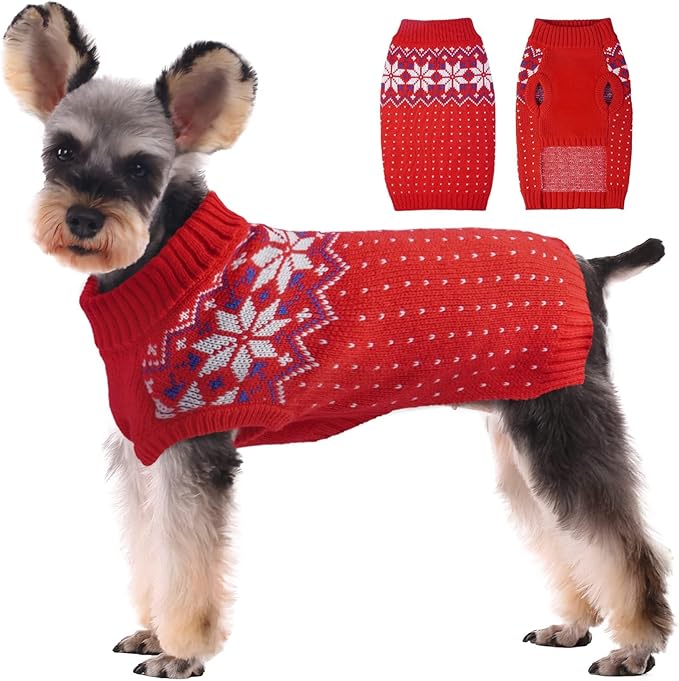 Kuoser Dog Sweater, Holiday Christmas Snowflake Pet Warm Knitwear Dog Sweaters Soft Puppy Clothing, Doggie Turtleneck Cold Weather Outfit Pullover for Small Medium Large Dogs Cats, Red XS