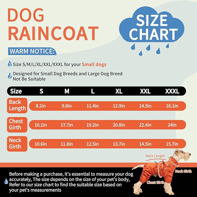 BRKURLEG Dog Raincoat for Small Dogs, Small Dog Rain Jacket with Harness Built in, Waterproof 4 Legs Pet Raincoats, Puppy Outdoor Jacket with Reflective Strip, Orange, XXL