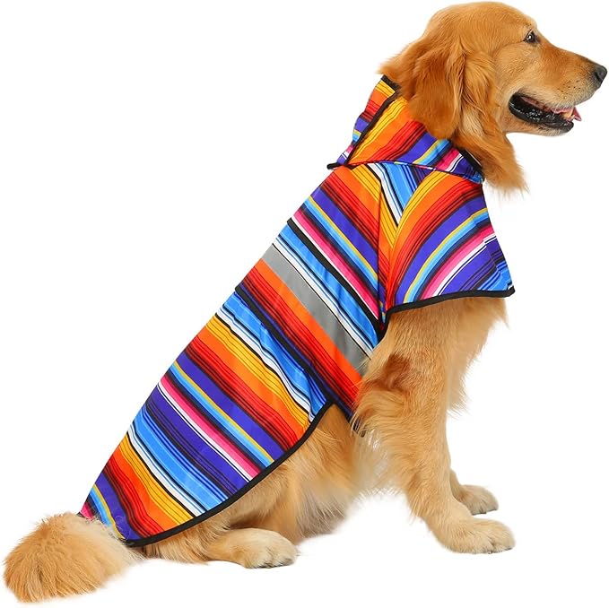 HDE Dog Raincoat Jacket Reflective Adjustable Hooded Pet Poncho Rain Coat with Leash Hole for Small to X-Large Dogs Baja Stripes - L