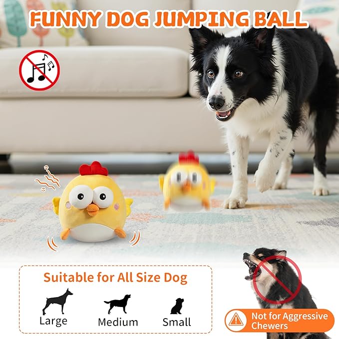 Interactive Dog Toy Ball, Rechargeable Jumping Plush Toy with Motion Activation for Small Large Dogs, Squeaky Moving Bouncing Ball for Pets Keep Busy Reduce Boredom, No Loud Music (Chicken)