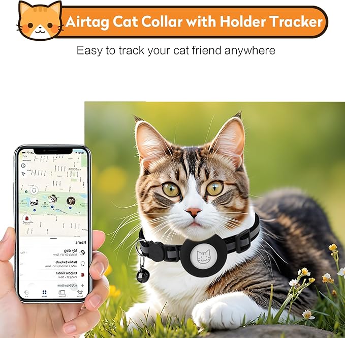 Airtag Cat Collar with Bell, Reflective Nylon Kitten Collar with Apple Air Tag Holder and Breakaway Safety Buckle for Puppy Girl Boy Cats, 3/8" in Width and Lightweight, Yellow