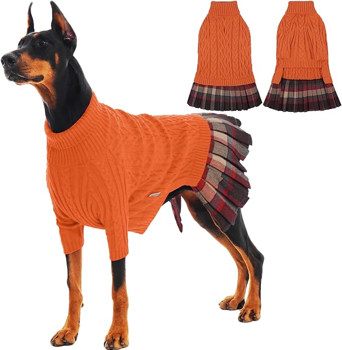 IECOii Girl XXXL Dog Sweater Dress, Girl Dog Sweaters for Extra Large Dogs Turleneck, Orange, XXXLarge, Thermal Warm Knitwear with Leash Hole, Adorable Cable Knit Sweater for Christmas & Thanksgiving
