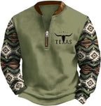 HOTYD Aztec Cowboy Jacket Men Vintage Bullhorn Printed Oversized Western Sweatshirt Long Sleeve Quarter Zip Pullover
