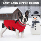 Dog Coat with Harness Built-in, Waterproof Reflective Fleece Lined - Warm Windproof Winter Jacket with Back Zipper, Cold Weather Snow Dog Coats - Red - L