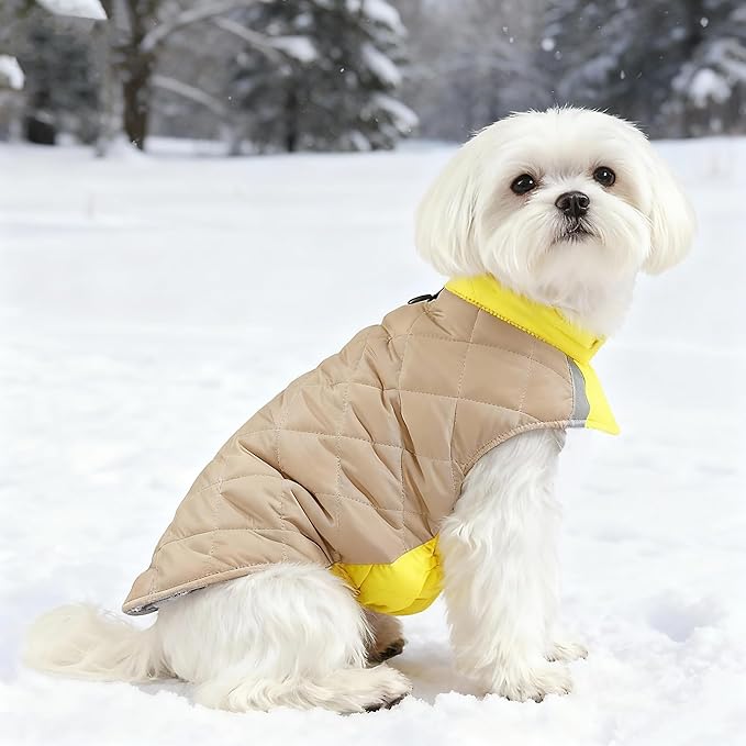 Quilted Dog Winter Coat, Plaid Lined Reversible Vest, Reflective Safety Strip, Cold Weather Pet Apparel Yellow M