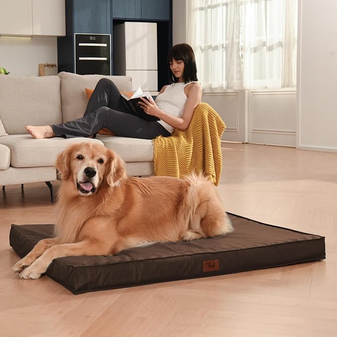 Outdoor Dog Bed for Medium Dogs, Waterproof Dog Crate Mat Orthopedic Egg Crate Foam Pet Bed with Washable Removable Oxford Cover, Brown