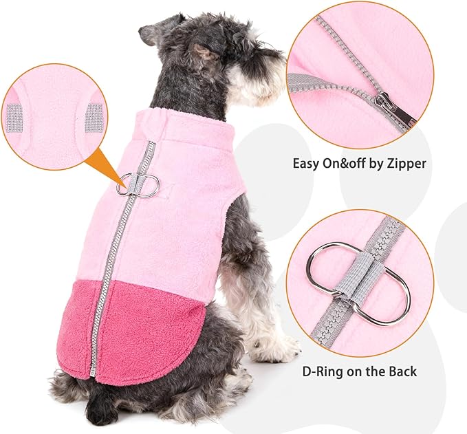 KOOLTAIL Dog Fleece Vest Sweater, Zip Up Step-in Pullover Warm Puppy Jacket with Dual Leash D-Ring for Small Medium Dogs, Cozy Soft Pet Winter Cold Weather Coats Fall Clothes Hoodie Boy Girl, Pink M