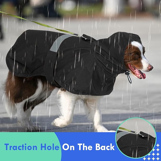 MIGOHI Dog Rain Coat, Hooded Rain Jacket for Dog | Adjustable Hood and Hind Leg Straps Dogs Rain Coat, Reflective Strap for Night Walking, Black, XL