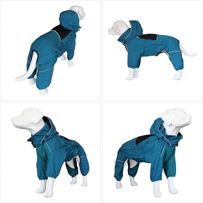 LOVELONGLONG Waterproof Dog Raincoat with Removable Hood – Outdoor Full Body Dog Jacket, Windproof Snowproof Shell Suit – All Season Pet Rain Gear Ocean Teal S