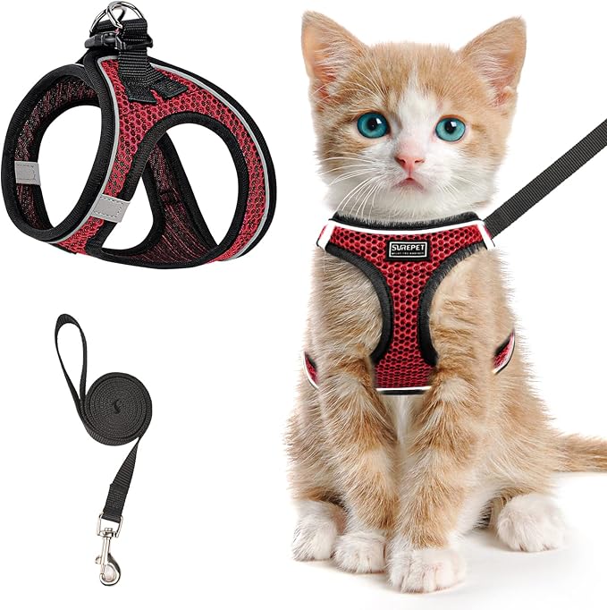 Cat Harness and Leash for Walking Escape Proof, Adjustable Kitten Vest Harness Reflective Soft Mesh Puppy Harness for Outdoor, Comfort Fit, Easy to Control (Red, L)