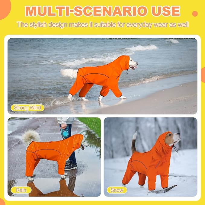 Dog Raincoat, Waterproof Dog Rain Jacket with Removable Hood，Adjustable 4 Legs Pet Poncho with Leash Hole，Reflective Stripe Hooded Snowproof Windproof Clothes for Small to 3X-Large Dogs, L