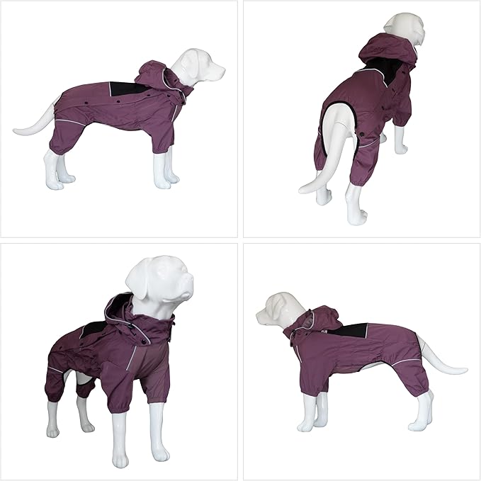 LOVELONGLONG Waterproof Dog Raincoat with Removable Hood – Outdoor Full Body Dog Jacket, Windproof Snowproof Shell Suit – All Season Pet Rain Gear Plum Purple XS