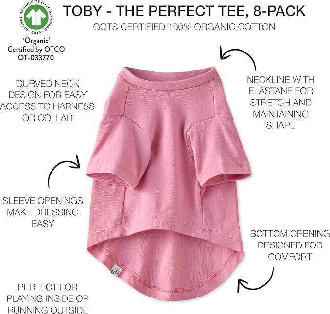 Toby II - The Perfect Tee, 8 Pack Short Sleeve Pet T-Shirt 100% Organic Cotton Tees Clothes for Small, Medium, Large Dogs, Rainbow Pink, X-Large
