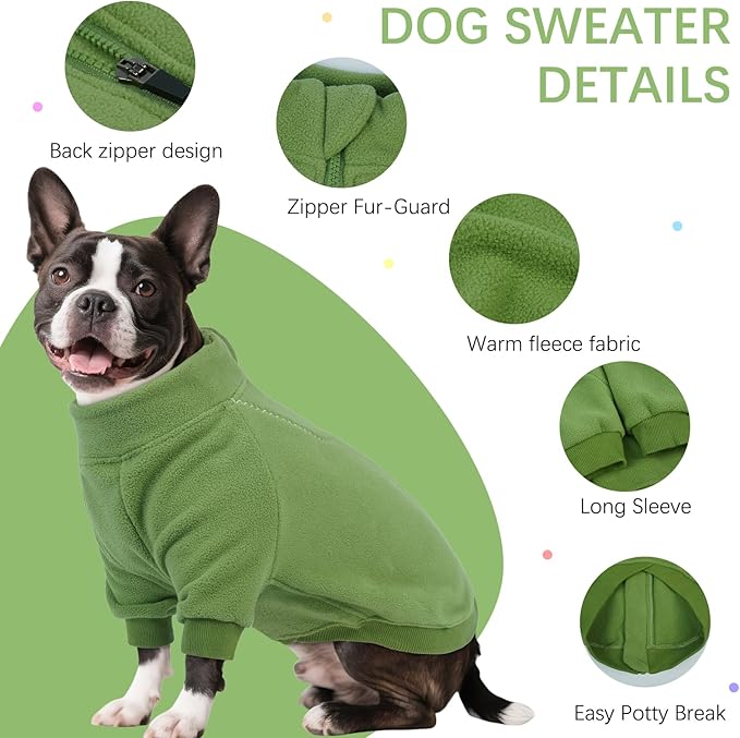 BRKURLEG Dog Sweater Warm Soft Fleece Dogs Sweaters, Turtleneck Sweatshirt for Small Medium Large Dogs, Dog Winter Coat, Christmas Pet Jacket with Zipper Cold Weather Coat (Green, S)