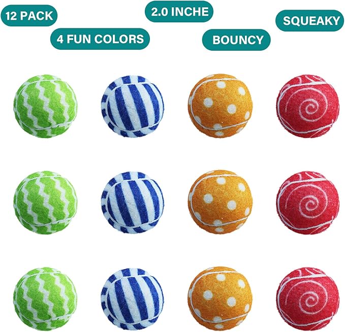 AMA SPORT Squeaky Tennis Balls for Dogs 12 Pack 2.0" Squeaky Tennis Balls for New Puppy Small Dog Toys for Fetch, Exercise, Outdoor Play