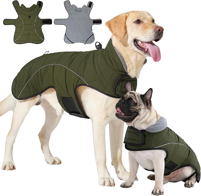 HEYWEAN Dog Winter Coat - Waterproof Windproof Reflective Vest for Medium & Large Breeds Adjustable Warm FleeceLined Jacket with Magic Tape & D-Ring for Leash Cold Weather Apparel (Green, X-Large)