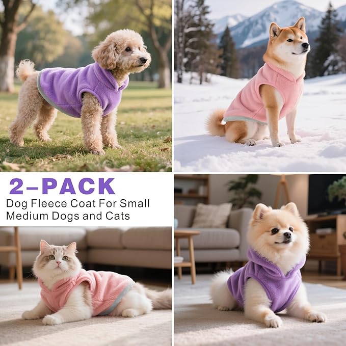Idepet 2 Pack Dog Fleece Vest Sweater Warm Pullover Jacket with D-Ring Leash Reflective Winter Coat Hoodie for French Bulldog Pug Chihuahuas Yorkies Dachshunds(Purple&Pink,X-Large-French Bulldog)
