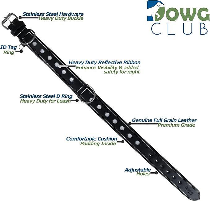 Genuine Leather Dog Collar, Reflctive Collar for Extra Large Dogs, Black | Full Grain, Heavy Duty, Comfortable, Soft Padded, Strong | (X-Large (Fit Neck Size 22"-26"), Raven)