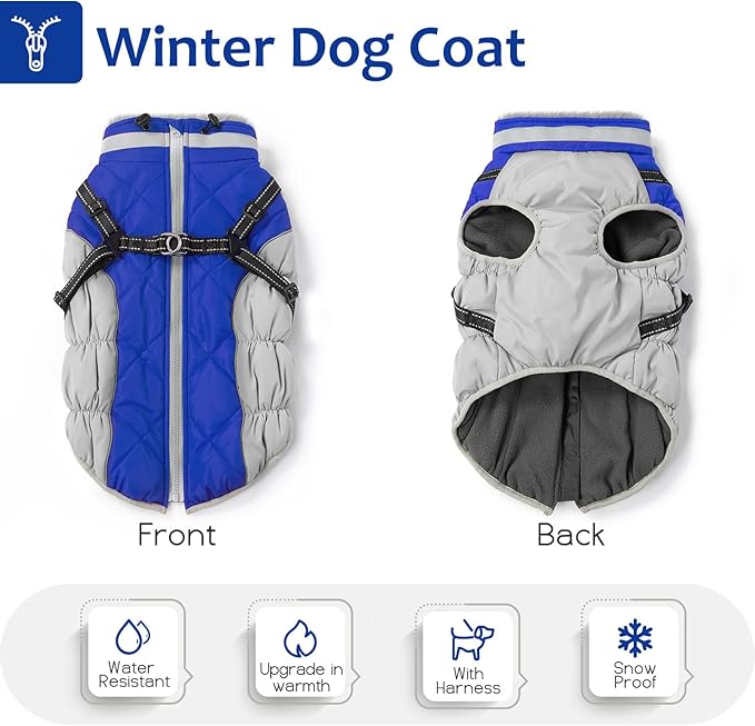 Dog Winter Coat with Harness, Dog Jacket, Pet Clothes with Zipper on Back, Waterproof Windproof Warm Vest, Reflective Cold Weather Coats, for Small Medium Large Dogs, Thick, Blue, 3XL