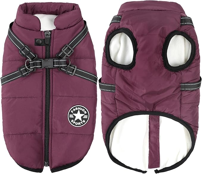 Aiboria Dog Jackets Coat for Winter Windproof Waterproof Skiing Fleece Warm Dogs Vest with Chest Strap Belt Purple M
