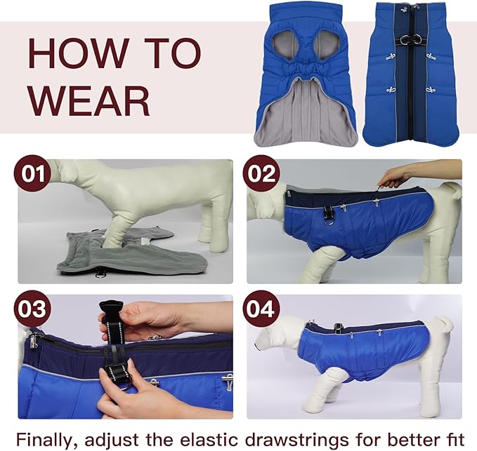 Dog Coat Dog Winter Jacke- XX Large, Warm Zip Up Snowsuit Dog Harness Vest Reflective Water-Resistant Dog Coat Dog Snow Jacket for Large Dogs Border Collie, Pit Bull, Royal-Blue