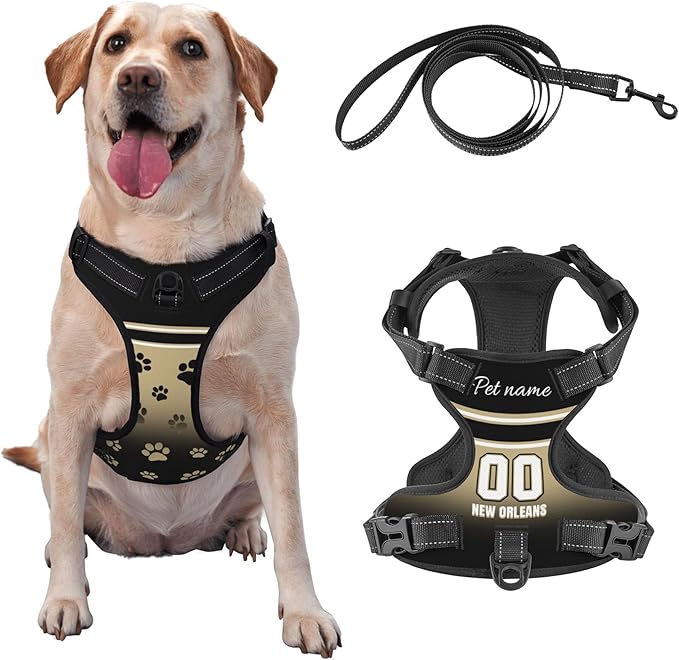Custom New Orleans Dog Harness with Reflective Stripes Personalized Name and Number Dog Vest Harness with Pet Traction Rope for Small Medium Large Dog