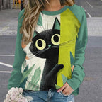 Abstract Cute Cat Shirts for Women Long Sleeve Lady Crewneck Pullover Sweatshirt Fall Winter Oversized Tops