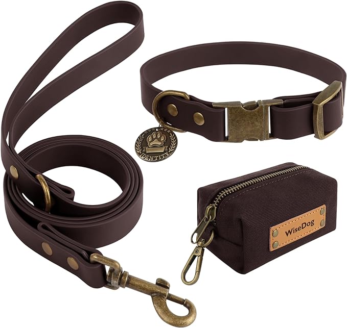 Wisedog Dog Collar and Leash Set, Waterproof Adjustable Puppy Collars with Cute Tag 6FT Dog Leash with Poop Bag for Small Medium Large Dogs (XS(Collar:8.5"-12";Leash:4 ft), Brown)