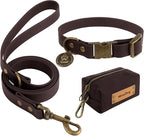 Wisedog Dog Collar and Leash Set, Waterproof Adjustable Puppy Collars with Cute Tag 6FT Dog Leash with Poop Bag for Small Medium Large Dogs (L(Collar:14"-22";Leash:5 ft), Brown)
