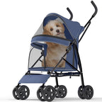 Pet Stroller with 4 Wheels for Small/Medium Pets, Portable Travel Foldable Carrier Jogger for Dog Cat Puppy Kitty, Rear Wheel Breaks, Storage Basket, Visible Mesh Weather Cover (Navy Blue)