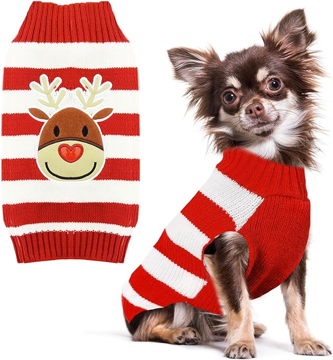 PETCARE Reindeer Christmas Dog Sweater Red Striped Cat Sweater Cartoon Elk Pet Vest Holiday Dog Clothes Puppy Sweaters for Small Medium Large Dogs Cats Fall Winter Outfits Xmas Dogs Costume,Small