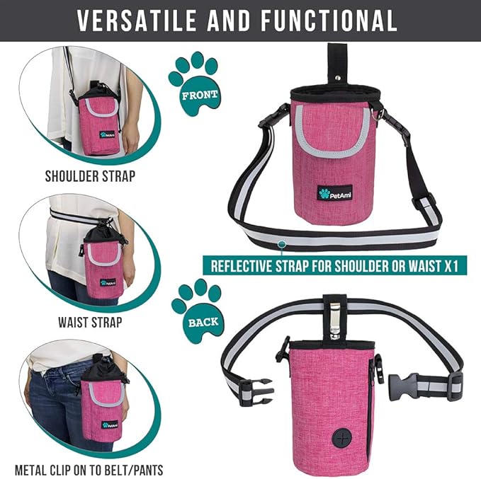 PetAmi Dog Treat Pouch, Large Pet Training Treat Pouch with Pocket, Dog Trainer Essentials Supply Holder with Poop Bag Dispenser, Training Bag for Kibbles Toys, 3 Ways to Wear (Pink)