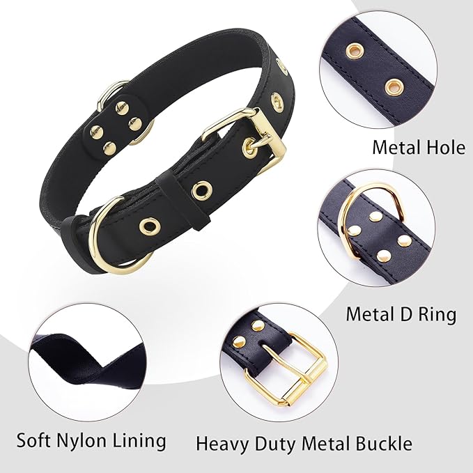 Leather Dog Collar,Dog Collar with Adjustable Sturdy Metal Buckle,Heavy Duty Dog Collar for Walking, Hiking, Training, Hunting (Black,XS:13.4"-15.8" Neck)