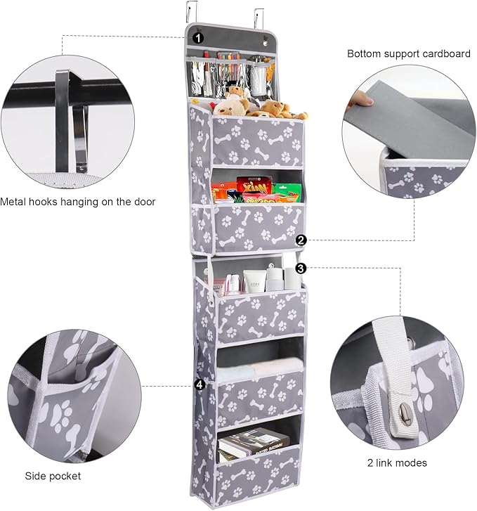 Dog Toy Basket - 5-Shelf Hanging Organizer with 2 Metal Hooks, 5 Pockets for Dog Leash, Harness, Toys & Treats - 62.5''(H) Bone Claw Print