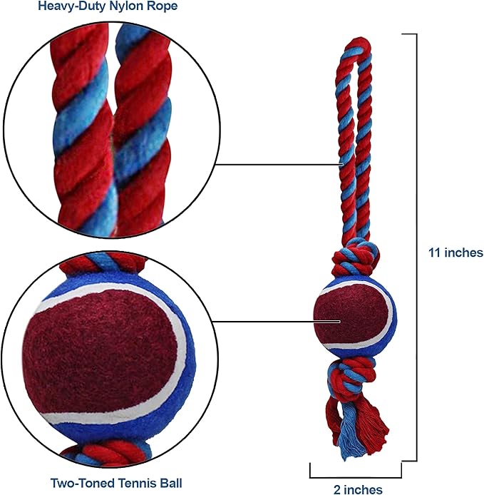 Dog Rope Toy with Tennis Ball, Nylon Rope with Balls, Fun Tug of War Toy for Dogs, Tough Dog Toy for Aggressive Chewers, Eskimo, Terrier, Beagle & More (3 Set Rope Dog Toy Blue Ball)