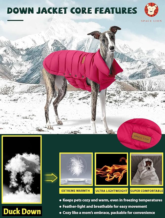 SPACE LION Dog Puffer Jacket, Down Winter Coat, Durable Outdoor Coat for Cold and Windy Conditions, Waterproof, Lightweight Jacket, Adjustable Fit for Small, Medium, Large Dogs(Red,16/XL)