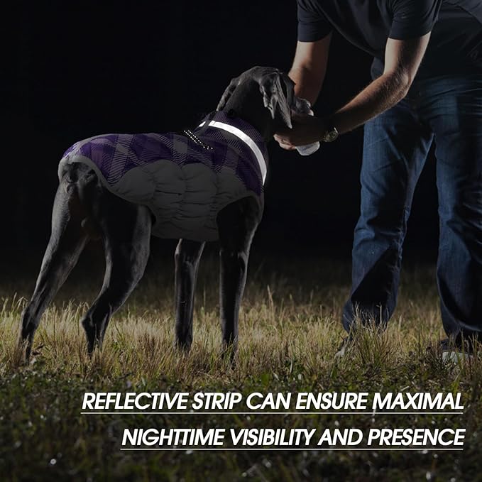 FUAMEY Dog Coat for Small Dogs,Waterproof Dog Winter Jacket with Harness Built in Puppy Cold Weather Coats Reflective Pet Vest with Zipper Warm Fleece Dogs Snowsuit Windproof Purple Plaid XS