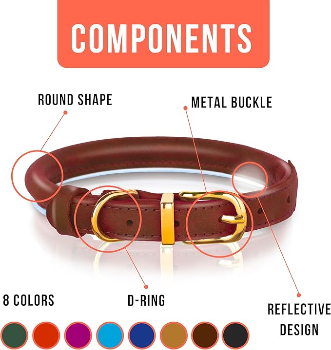 OOPSDOGGY Reflective Rolled Leather Dog Collar Adjustable Soft Padded Pet Collar for Small Medium Large Breed Dogs (Brown, XXS, 7"-9")