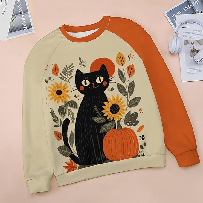 Abstract Cute Cat Shirts for Women Long Sleeve Lady Crewneck Pullover Sweatshirt Fall Winter Oversized Tops