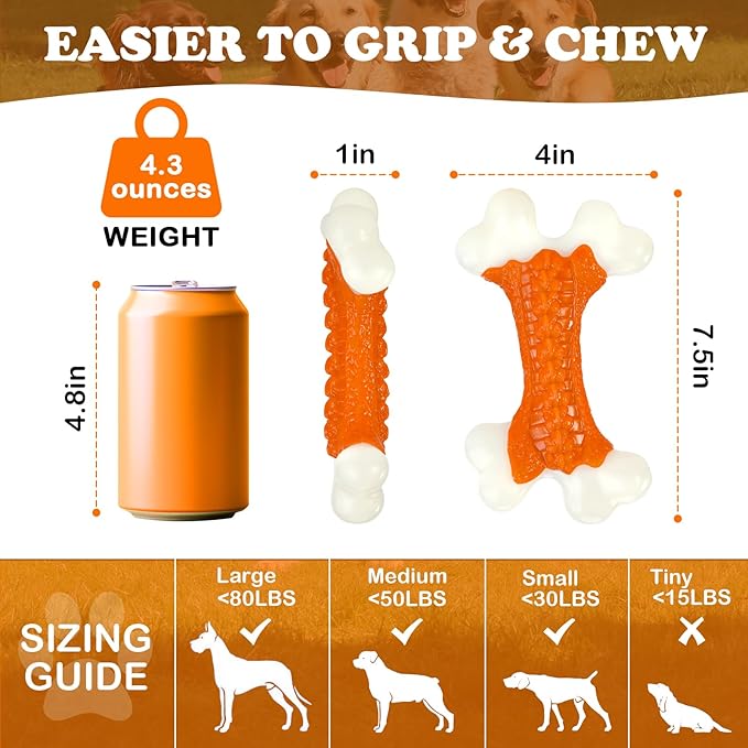 6-Pack Dog Toys for Aggressive Chewers Large Breed, Tough Bones, Nylon Puppy Teething Chew Toys Medium Dogs, Heavy Duty Peanut Butter Flavor Toys