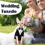 QBLEEV Cat Tuxedo Suit, Cat Halloween Costumes for Cats Only, Sphynx Cat Tuxedo Outfit Costume with Bow Tie, Kitten Formal Attire Wedding Birthday Onesie Clothes for Male Girl Hairless Cats